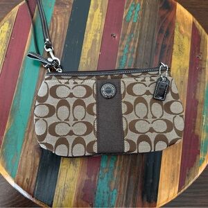 Coach Brown Signature Canvas Wristlet with Center Stripe